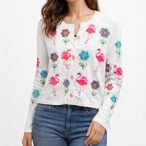 NWT Michael Simon White Embroidered flamingo tropical vacation resort Cardigan S